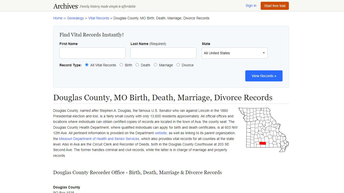 Douglas County, MO Birth, Death, Marriage, Divorce Records